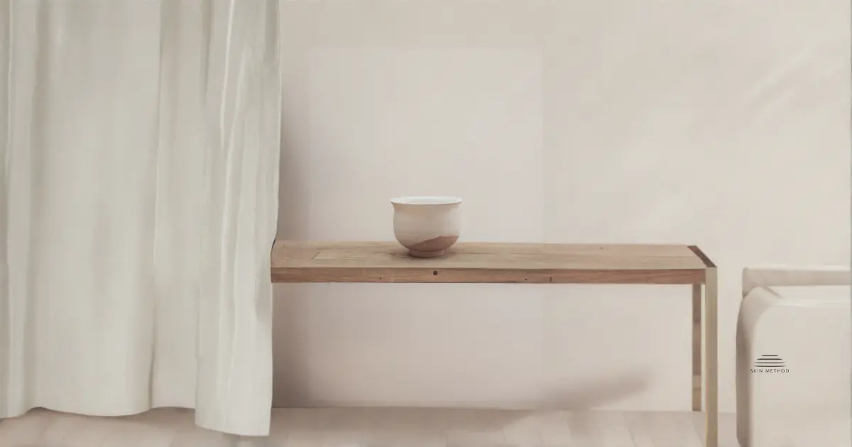 A single ceramic vessel resting on a wooden bench beside a soft linen curtain in natural light.