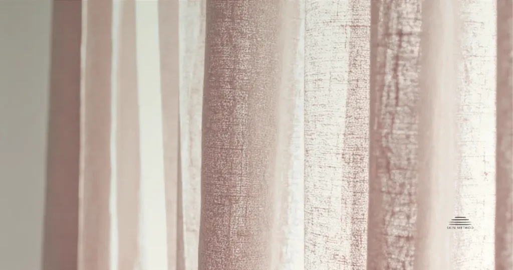 Soft linen curtains illuminated by warm natural light, showing gentle folds and natural fabric texture.