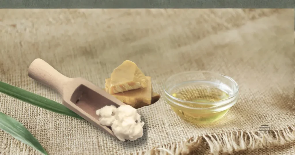 Oil, butter, and beeswax displayed together to illustrate different ingredient categories commonly used in skincare formulations.