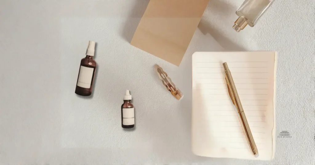 Notebook, pen, and minimalist skincare bottles arranged on a neutral surface, representing a thoughtful approach to understanding skincare formulations.