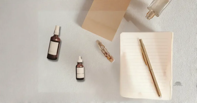 Notebook, pen, and minimalist skincare bottles arranged on a neutral surface, representing a thoughtful approach to understanding skincare formulations.