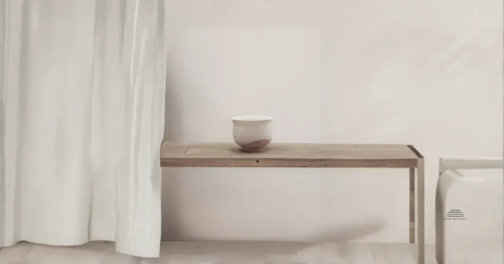 A single ceramic vessel resting on a wooden bench beside a soft linen curtain in natural light.