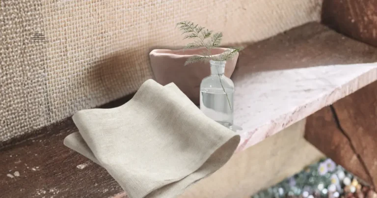 Folded linen, a ceramic vessel, and a glass bottle arranged together on a wooden shelf in natural light.