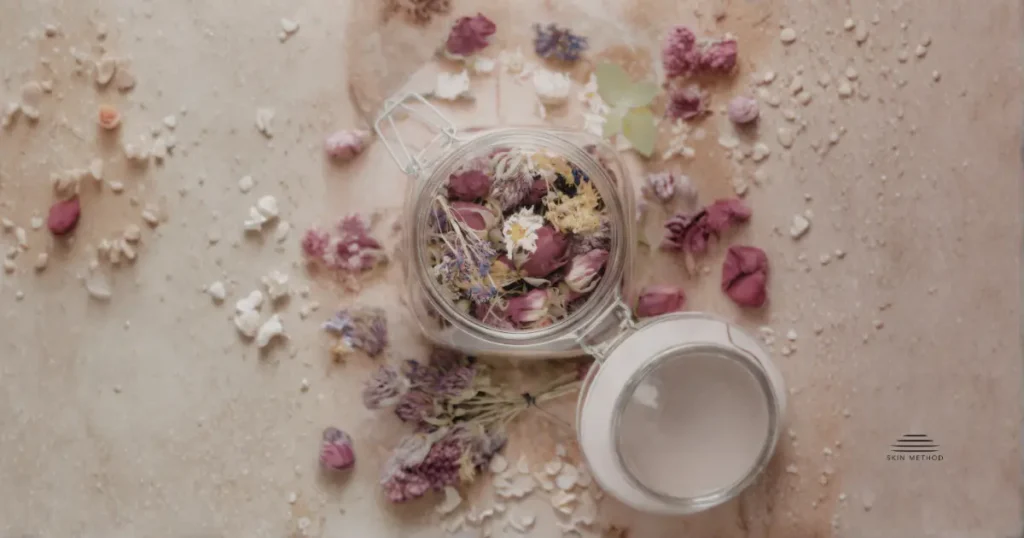 Glass jar containing preserved dried flowers arranged on a neutral textured surface.