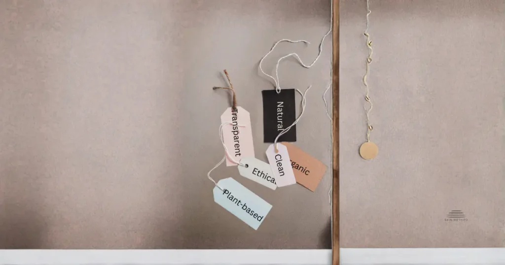 Hanging product-style tags labeled Natural, Clean, Ethical, Transparent, and Plant-based suspended by intertwined strings against a neutral background.