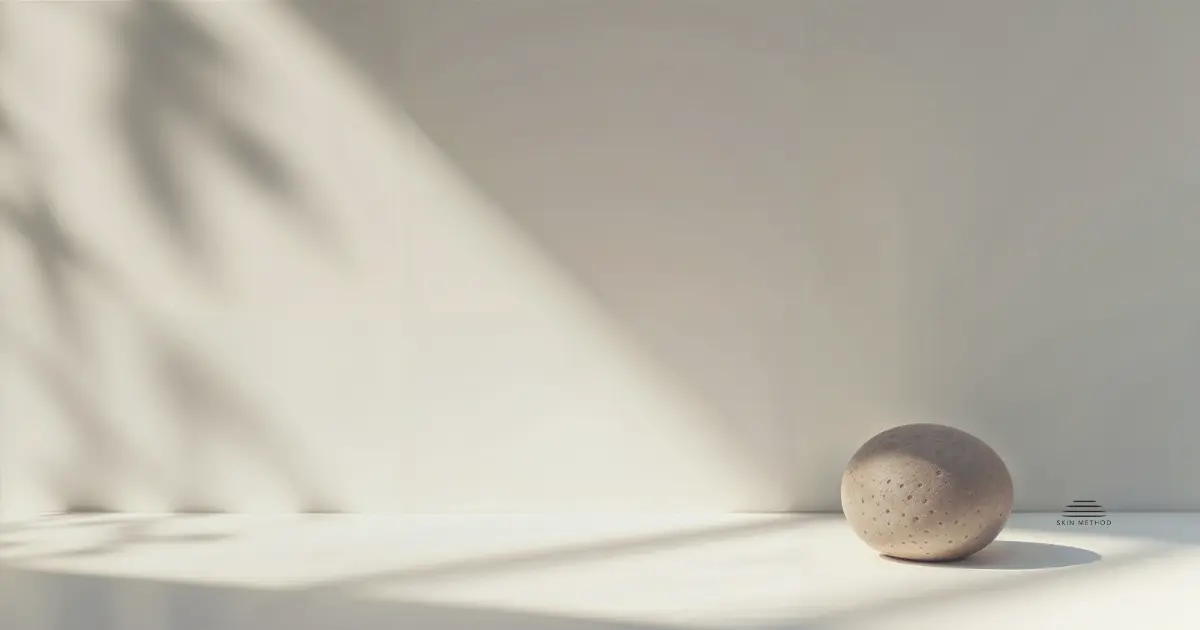 A single rounded stone rests on a minimal surface surrounded by open space and soft shadows.