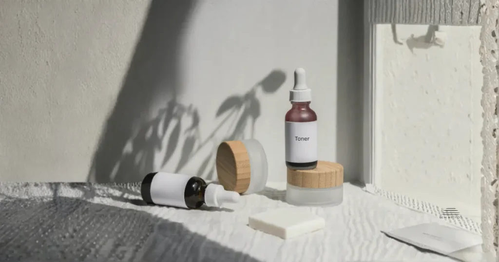Toner bottle displayed with several skincare products on a softly lit neutral surface.