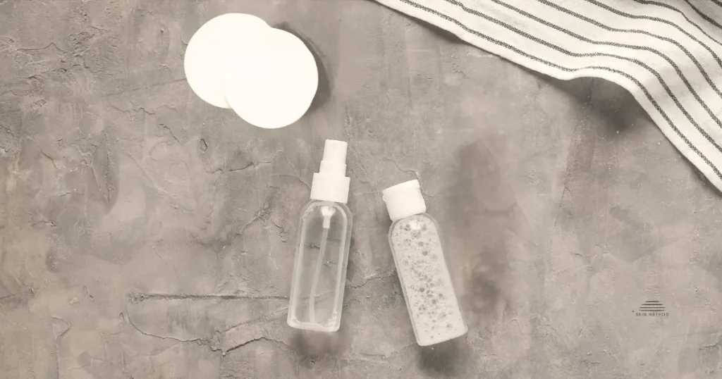 Skincare bottles and cotton pads arranged on a textured neutral surface.