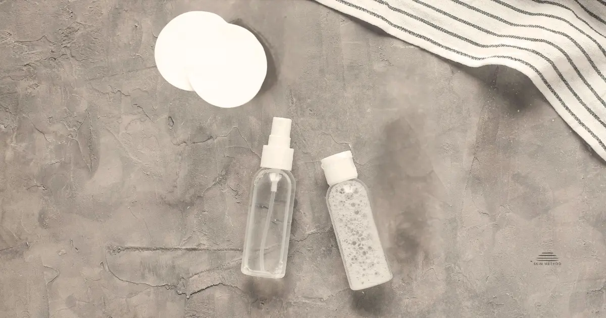 Skincare bottles and cotton pads arranged on a textured neutral surface.