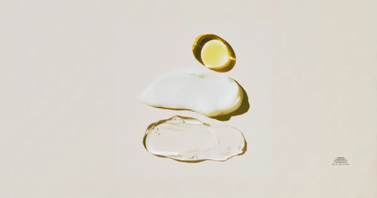 Different skincare textures including gel, lotion, and cream on a neutral surface.