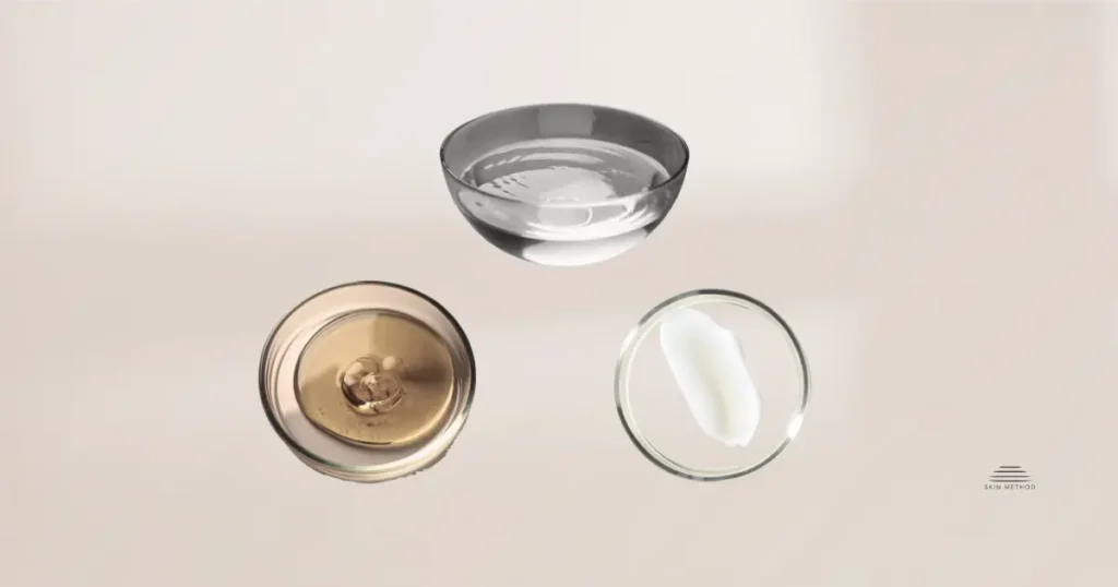 Clear water, pale oil, and white cream in glass dishes on a neutral background.