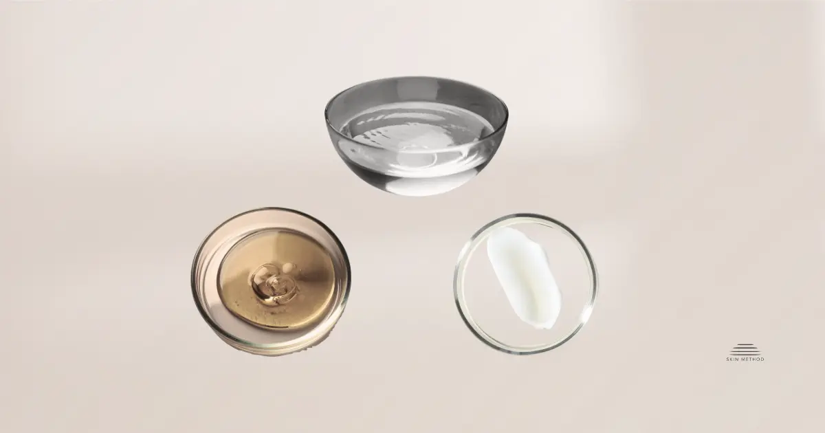 Clear water, pale oil, and white cream in glass dishes on a neutral background.