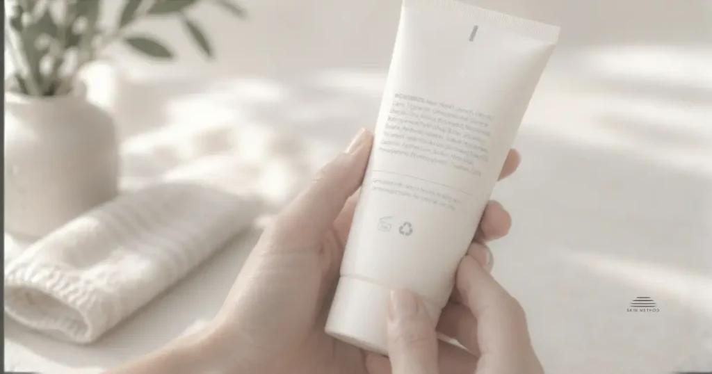 A person holding a skincare tube and reading the ingredient list on the back.
