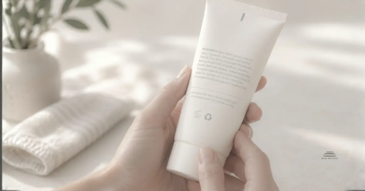 A person holding a skincare tube and reading the ingredient list on the back.