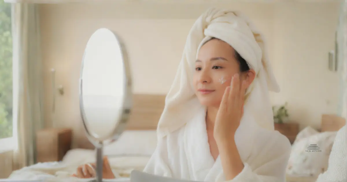 A woman applying skincare to her cheek while looking in a mirror in soft natural light.