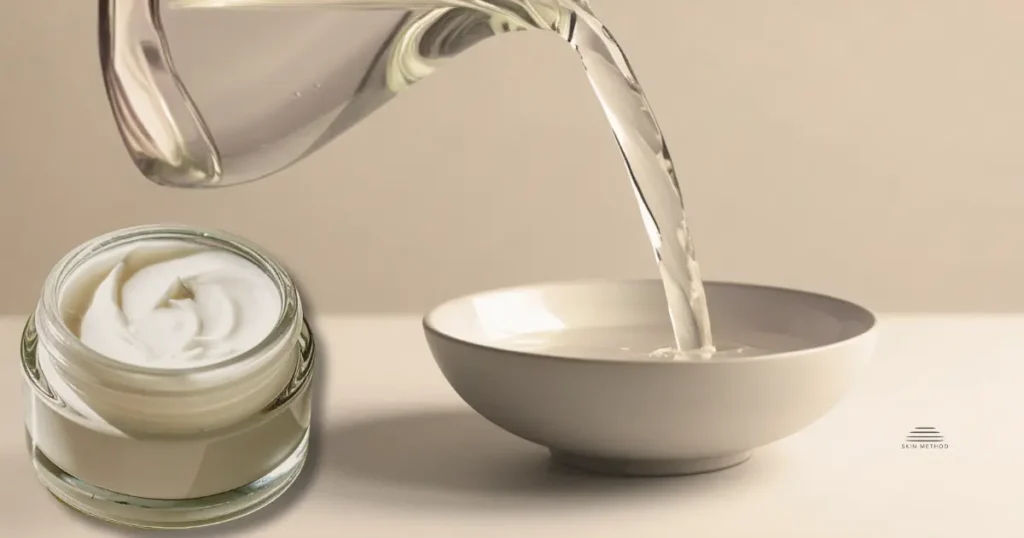 Clear water being poured from a glass vessel into a ceramic bowl beside an open jar of white skincare cream.