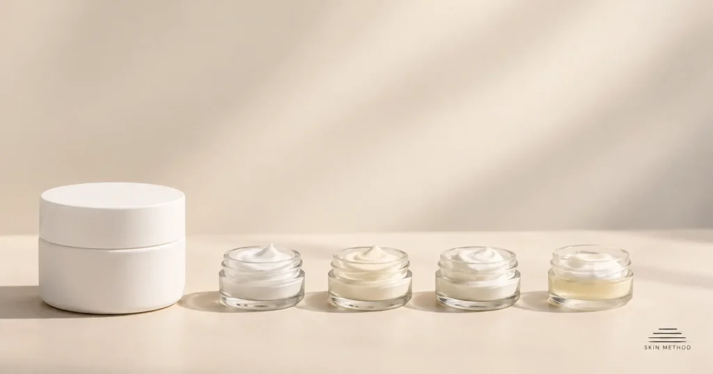 Skincare cream shown in several sample jars with subtle changes in color and texture during stability evaluation.