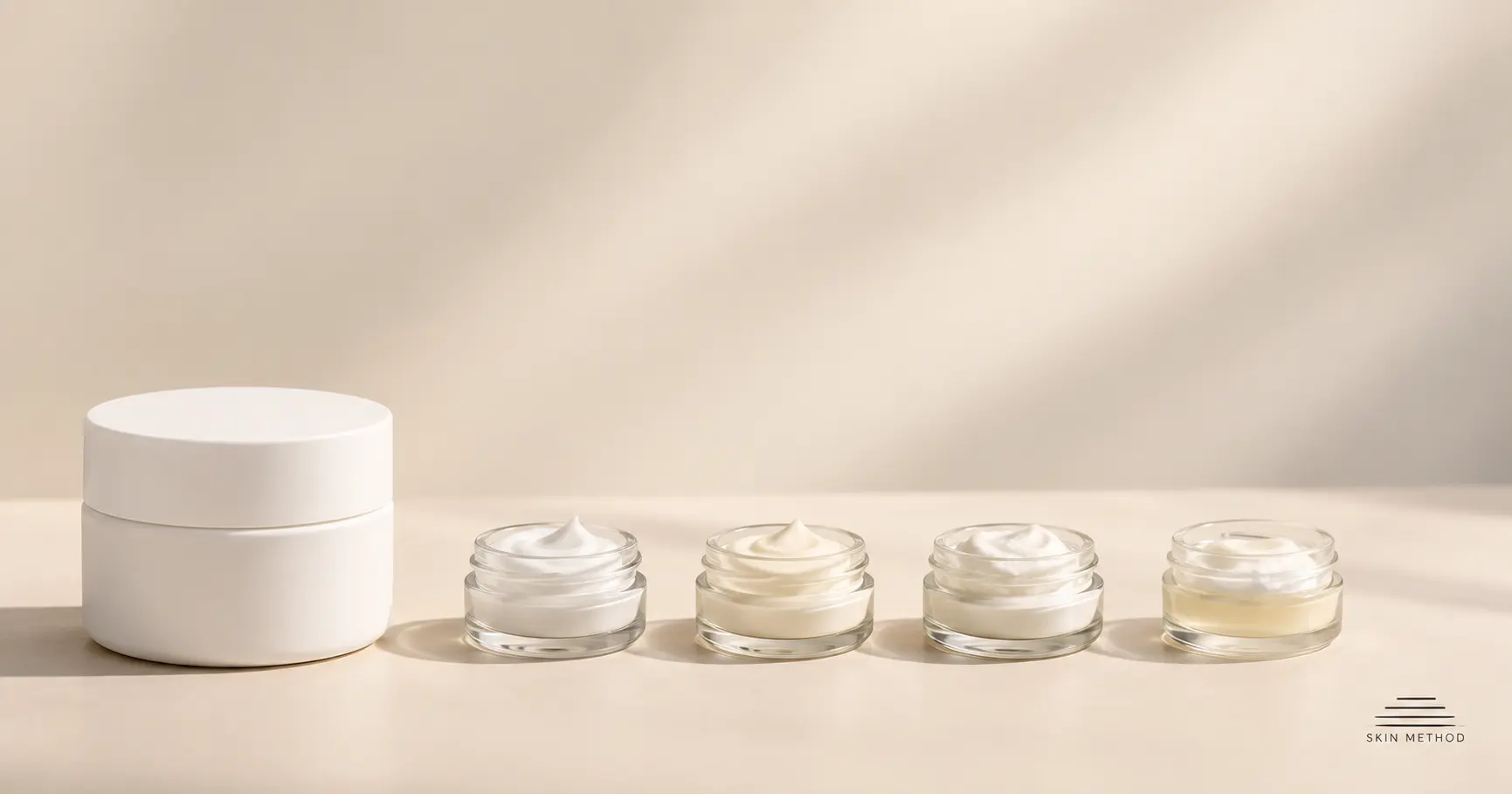 Skincare cream shown in several sample jars with subtle changes in color and texture during stability evaluation.