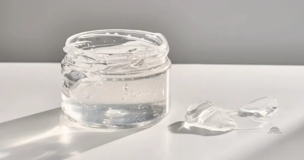 Transparent skincare gel in a clear jar with a small gel swatch on a light surface.