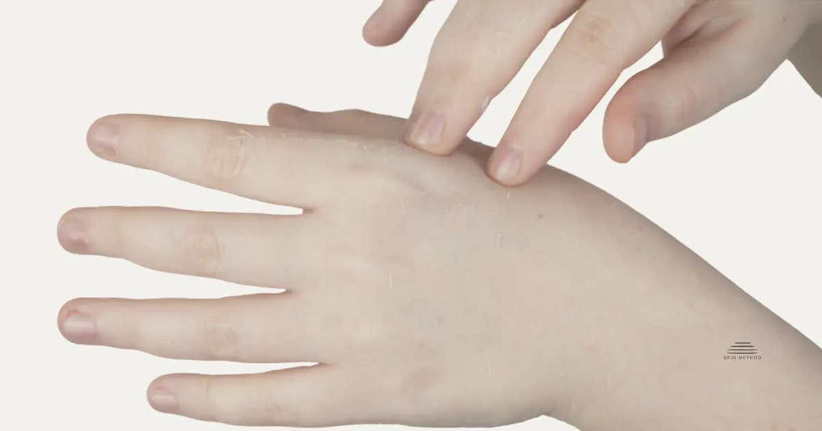 Close-up of dry skin on the back of a hand, showing fine flakes and rough surface texture.