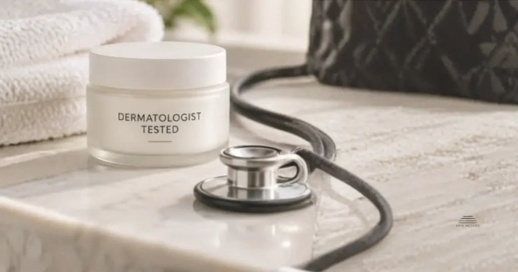 White skincare cream jar labeled “Dermatologist Tested” beside a stethoscope and folded towel.
