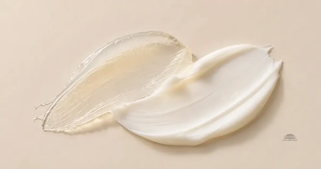 Two overlapping skincare texture swatches, one translucent and glossy and the other thick and creamy, on a warm beige background.