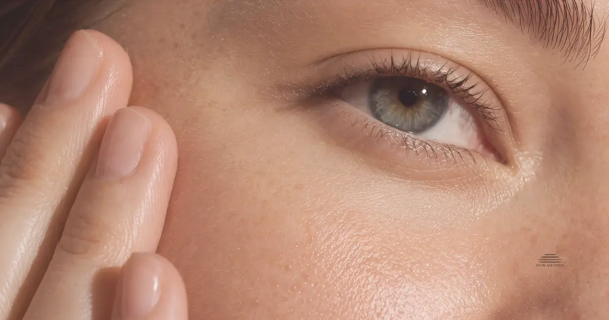 Close-up of a woman's eye and cheek with visible natural skin texture, freckles, and fingers gently touching her face.